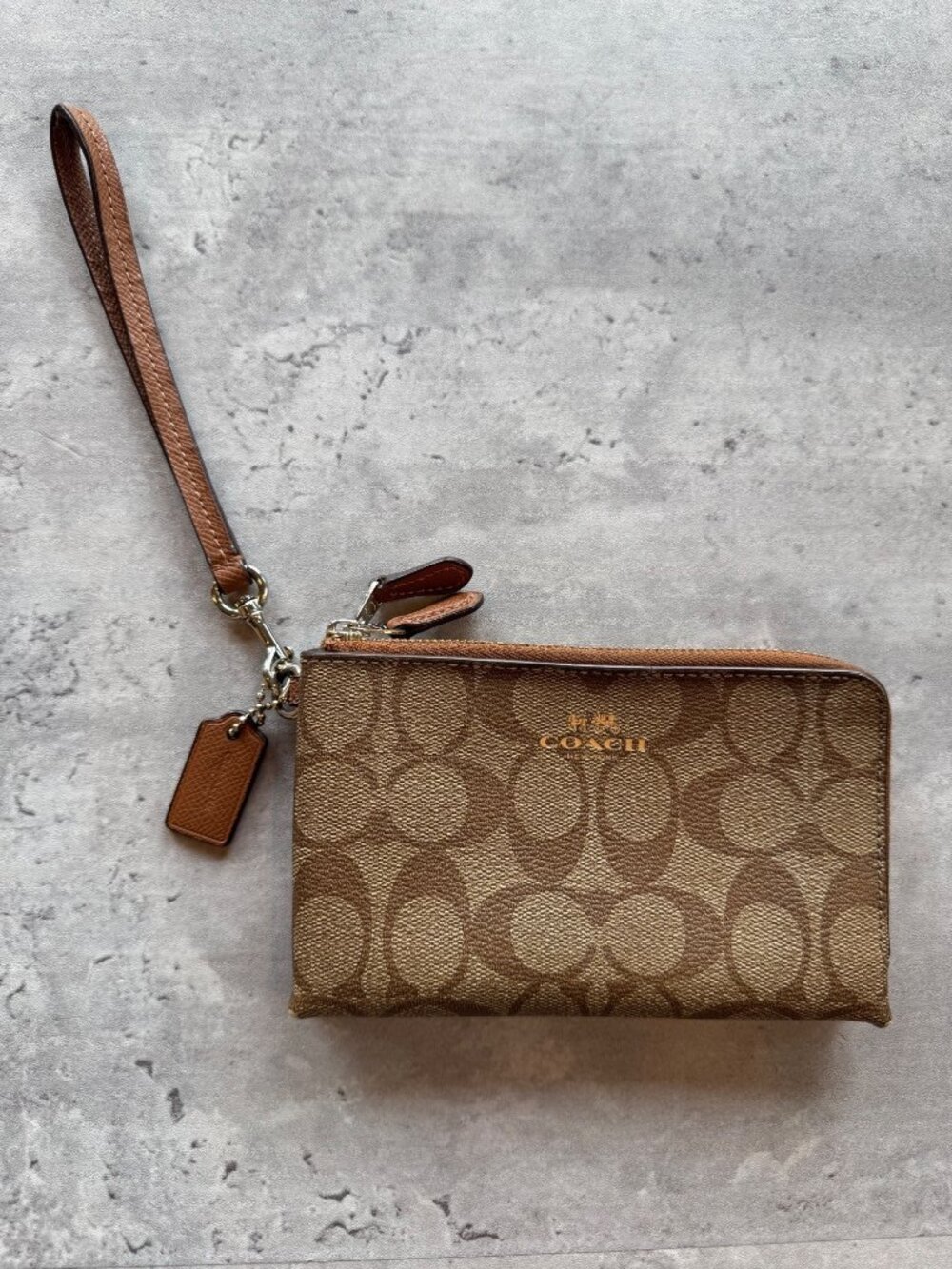Coach Brown Signature Canvas Wristlet Wallet With Gold Zipper & Card Slots